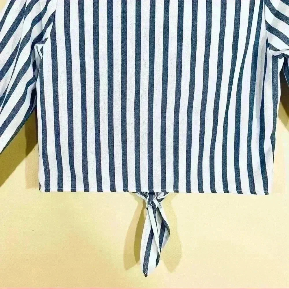 Miss Love Blue/White Stripe Collared Long Sleeve Button Down Tie Crop Top (S) - Picture 10 of 12
